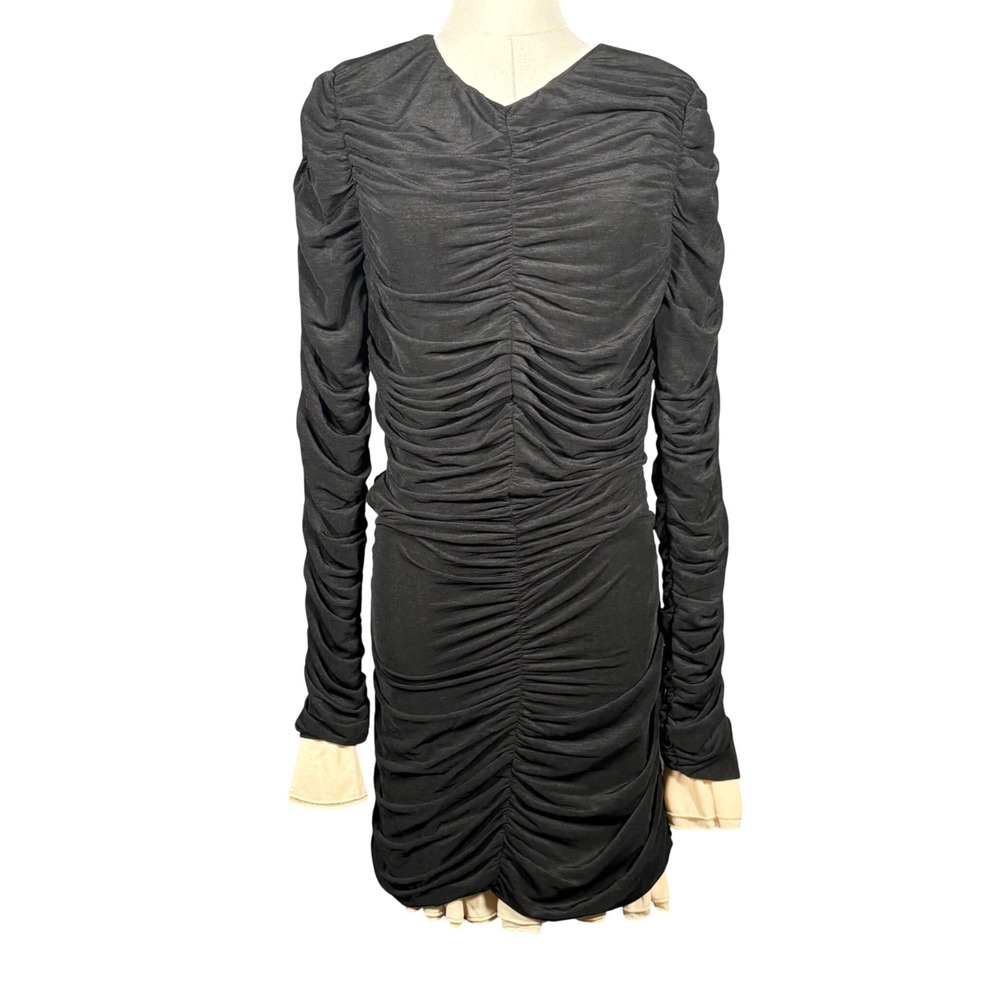 Mable Ruched Black Long Sleeve Mini Dress Ruffle Hem Womens Medium